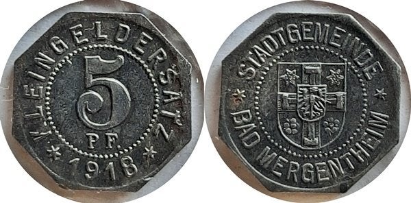 Noodmunt Bad Mergentheim 5 Pfg 1918 Zink, Verzenden, Duitsland
