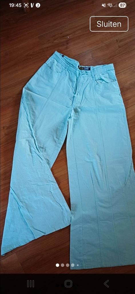 Mooie lichtblauwe turquoise broek met wijde pijp en aansnoer, Blue line, Blauw, Ophalen of Verzenden, Zo goed als nieuw