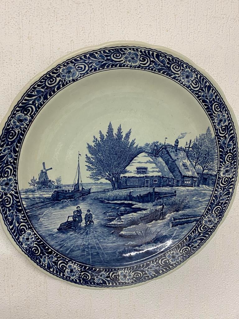 Antiek Delfts Blauw Wandbord - Hollands Winterlandschap, Ophalen of Verzenden