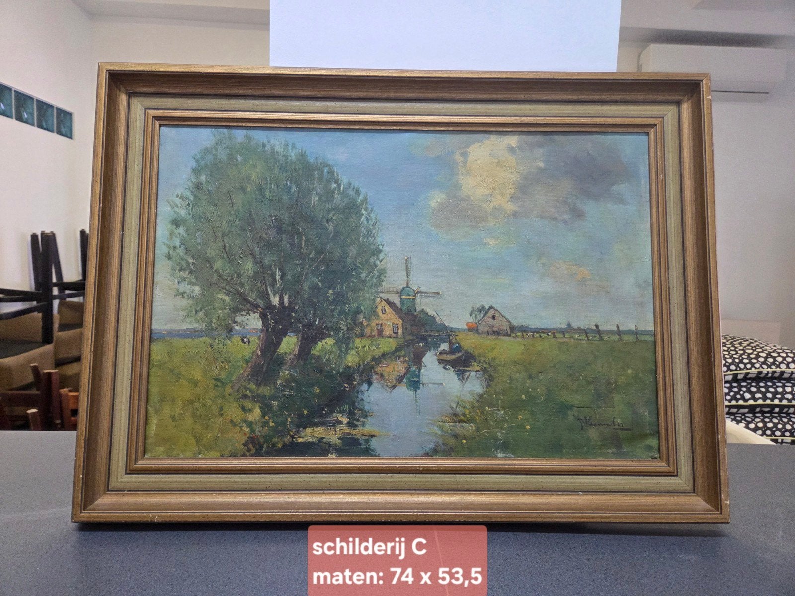 Klassiek Hollands Landschap Schilderij met Molen, Ophalen