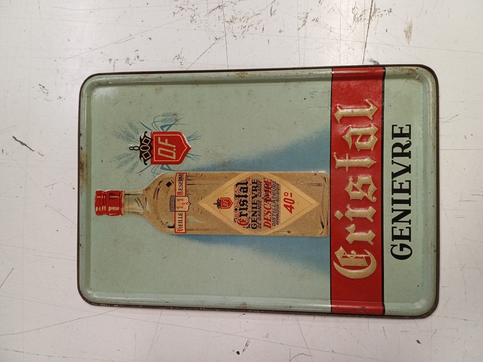 Vintage Blikken Reclamebord Cristal Genievre, Verzamelen, Merken en Reclamevoorwerpen, Ophalen of Verzenden, Gebruikt, Reclamebord