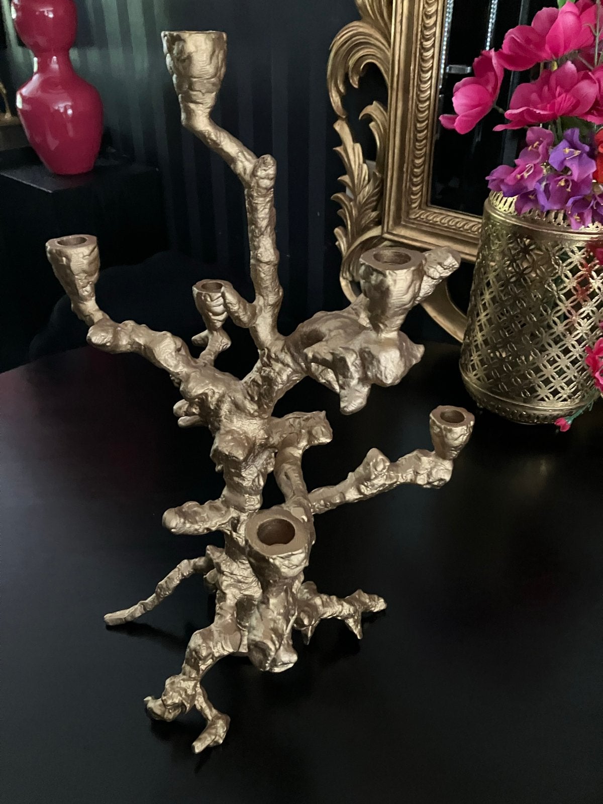 Gouden kandelaar in boomstructuur - 55 cm hoog, Ophalen, Goud