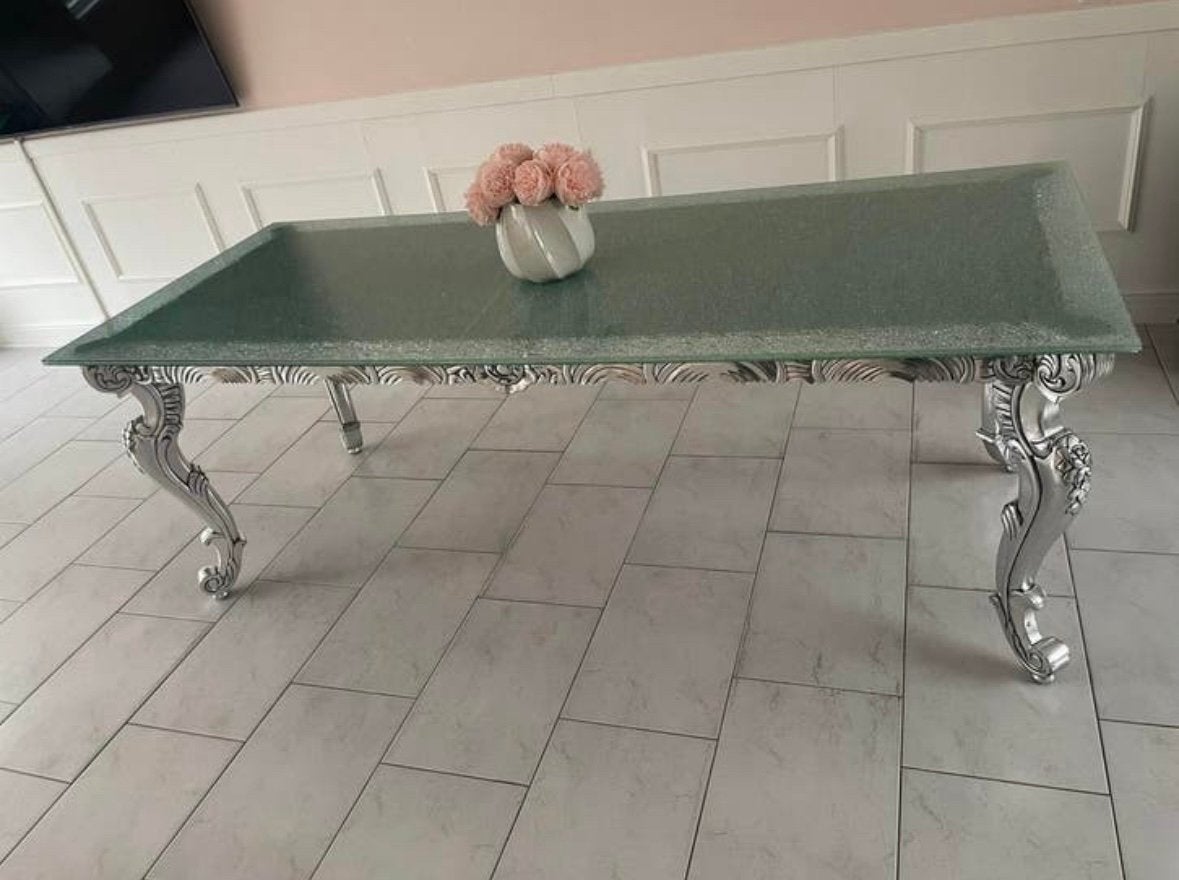 Eettafel van Giorgio Design met gecraqueleerd glazen blad, Ophalen, Gebruikt, 200 cm of meer, 50 tot 100 cm