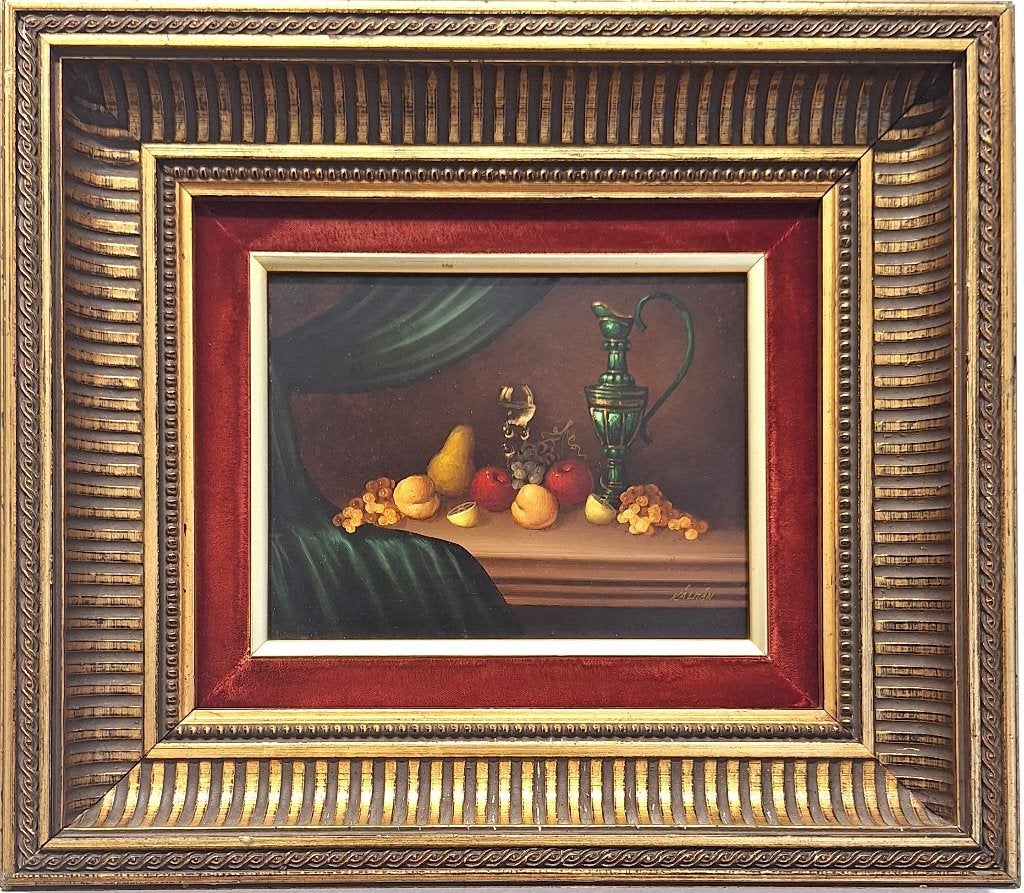 Olieverfschilderij Stilleven met royale lijst, Antiek en Kunst, Paneel, Stilleven, Ophalen of Verzenden, Olieverf