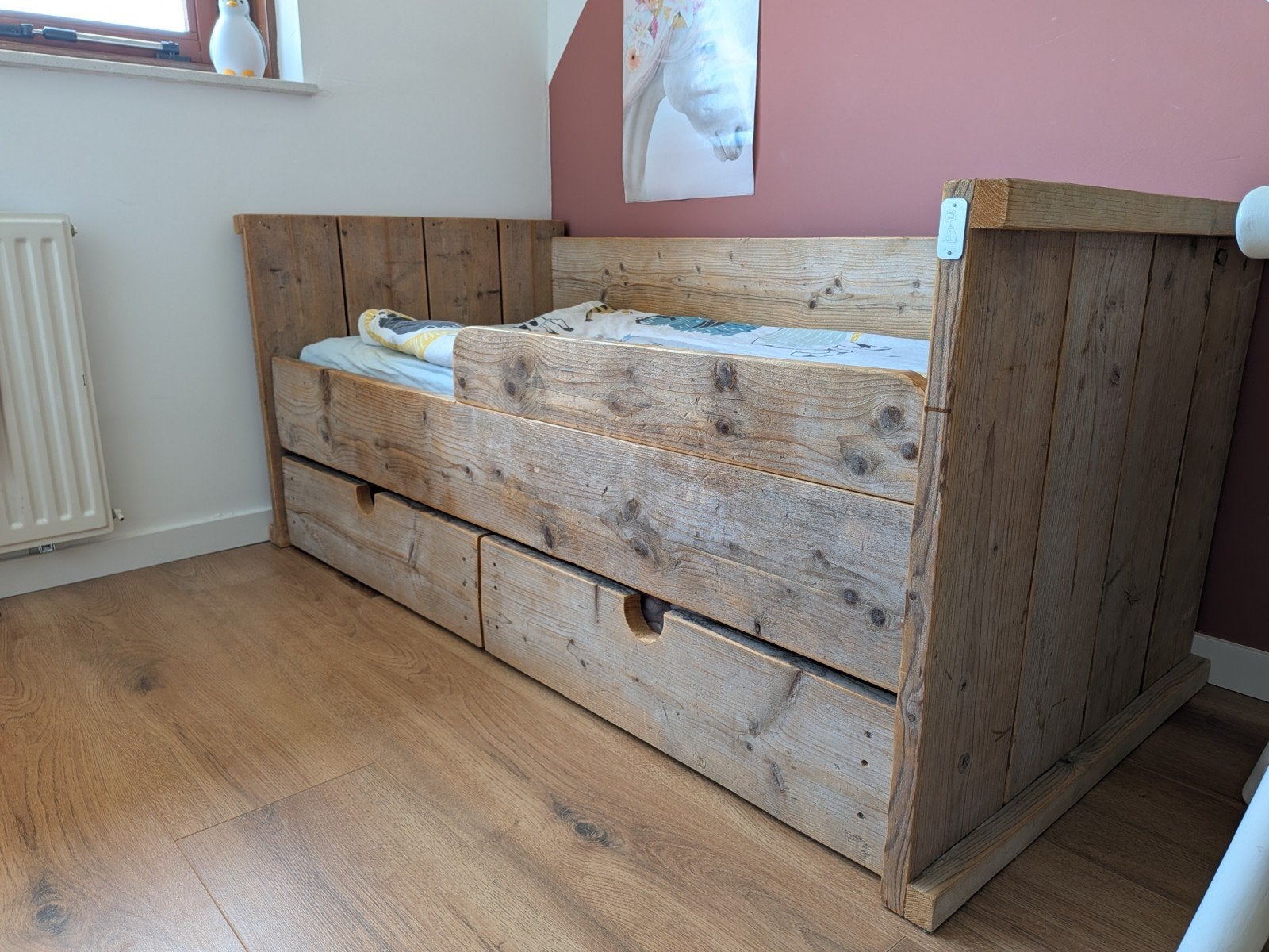 Stevig houten peuterbed met lades - Gebruikt, Ophalen, Gebruikt, 70 tot 85 cm, 140 tot 160 cm