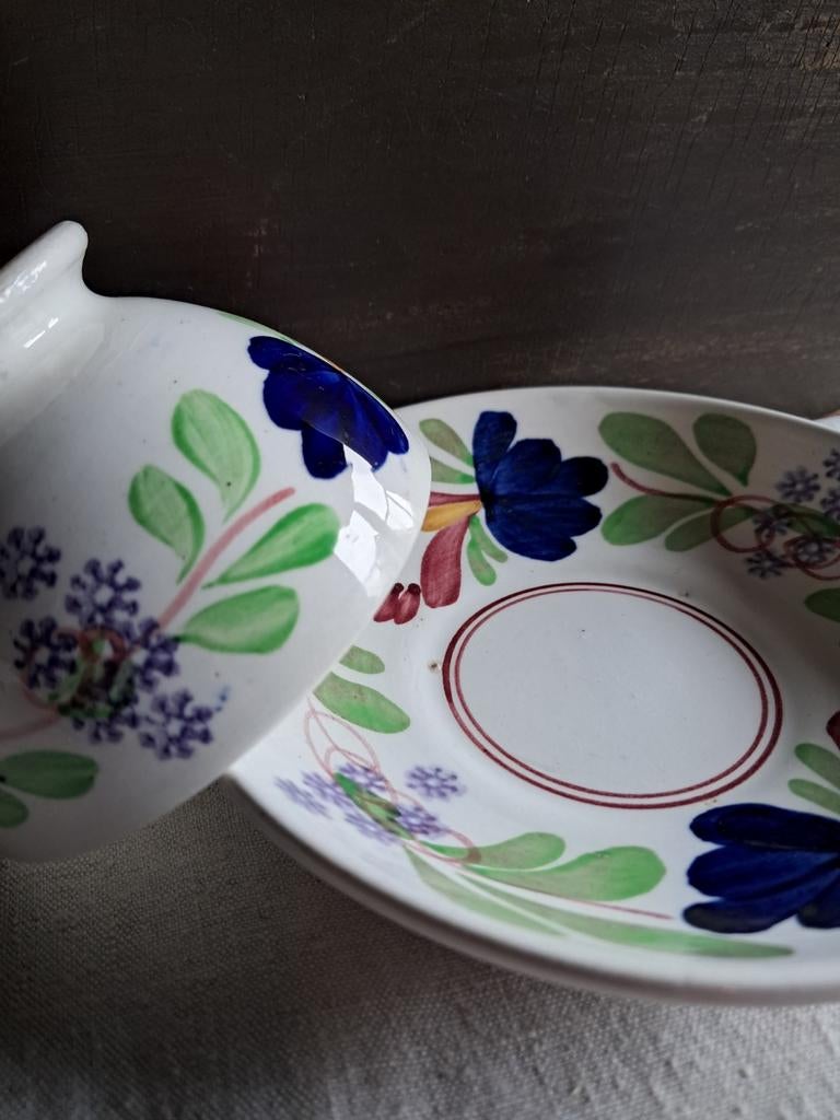 Antiek boerenbont kommetje+schotel, decor 047. Gereserveerd., Antiek en Kunst, Antiek | Servies los, Ophalen of Verzenden