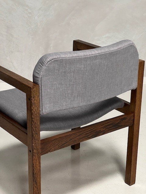 Vintage armstoel wengéhout fauteuil retro stoel design grijs, Gebruikt, ., Vintage, Ophalen of Verzenden