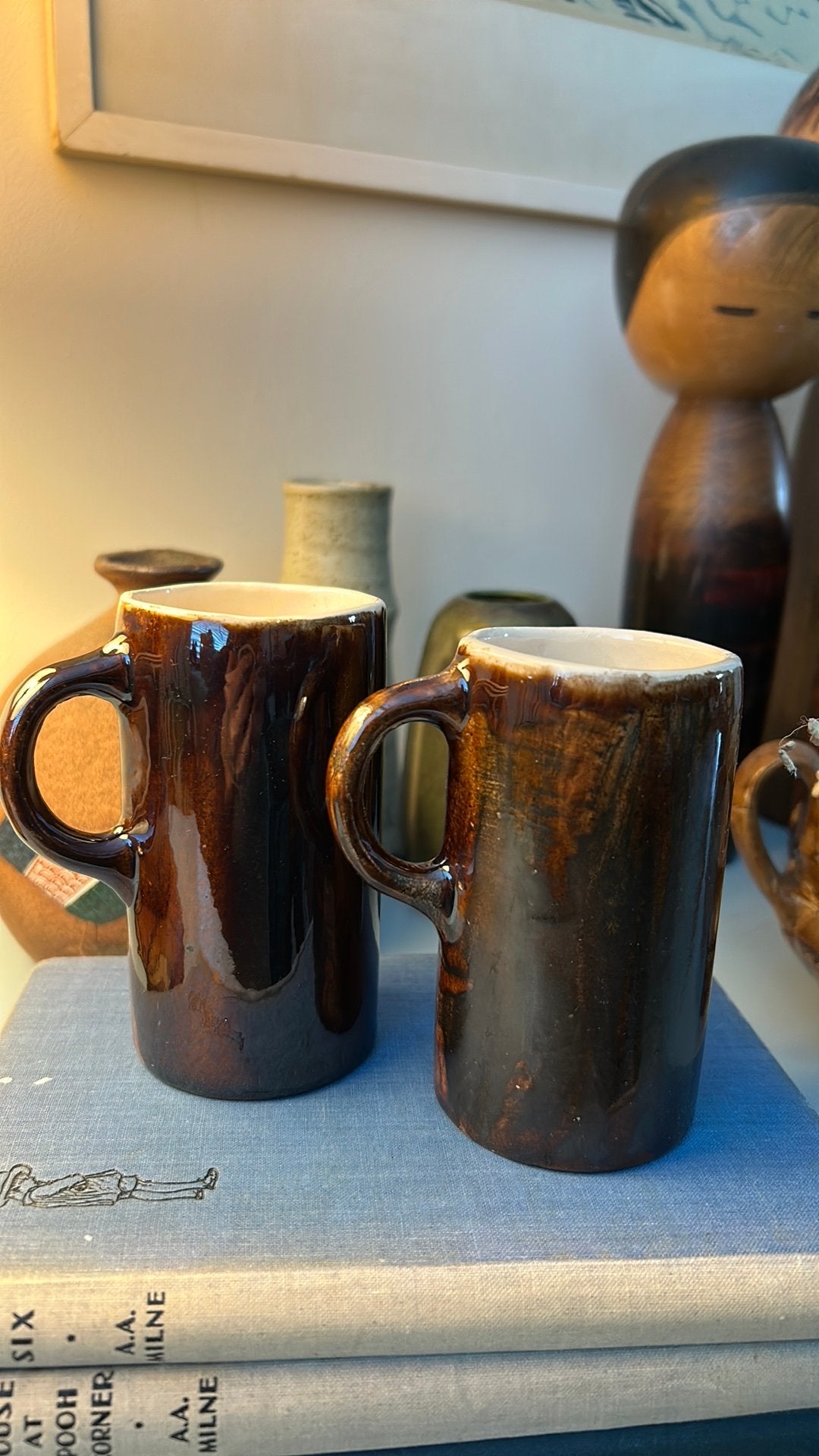2 vintage bruin geglazuurde hoge koffiekopjes De Volle Pot, Antiek en Kunst, Ophalen of Verzenden