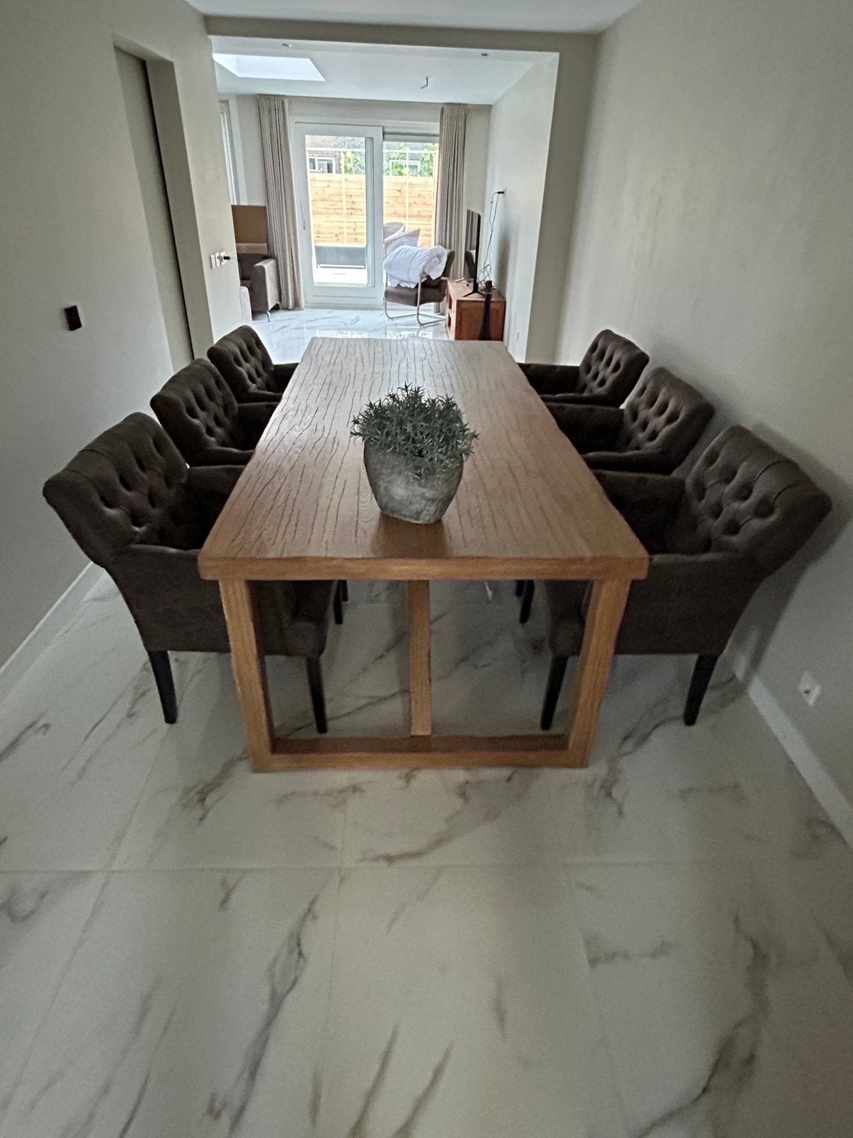 Robuuste eettafel (245x110x80) met 6 eetkamerstoelen, Ophalen, Gebruikt, 100 tot 150 cm, 200 cm of meer