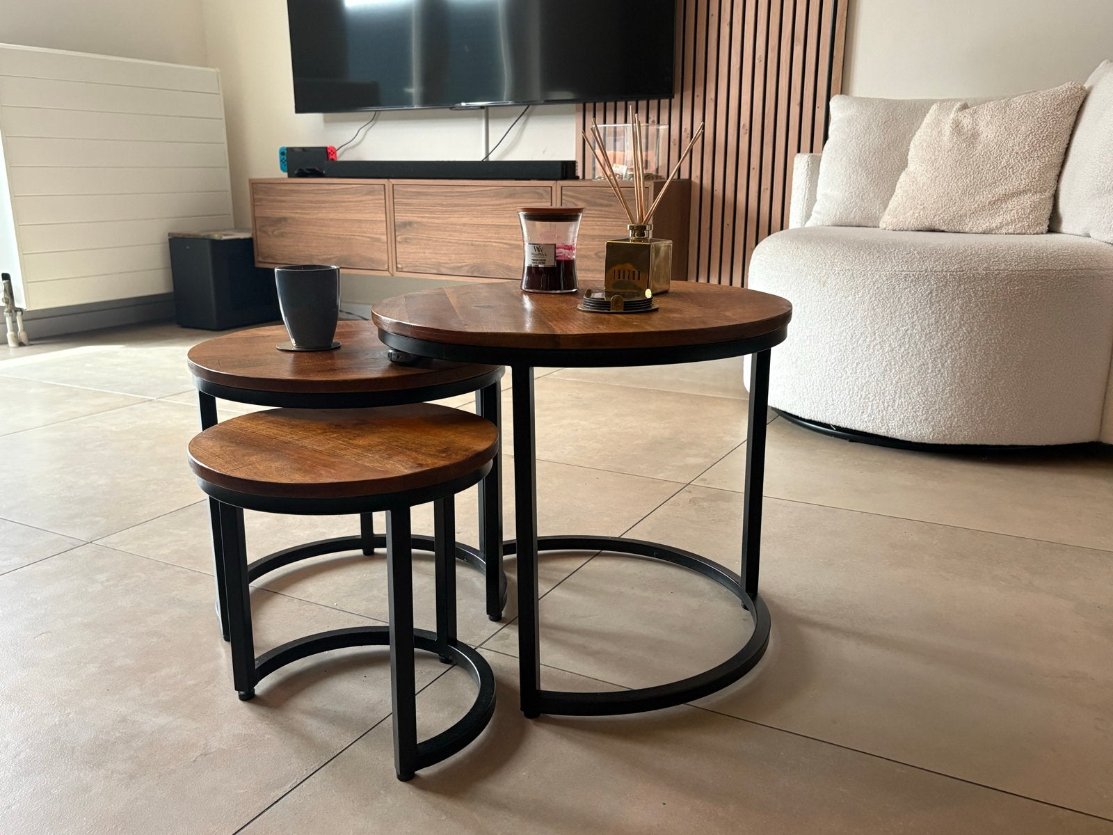 Set van 3 mango houten salontafels - Japandi/Industrieel, Huis en Inrichting, Rond, Minder dan 50 cm, Zo goed als nieuw, Mango