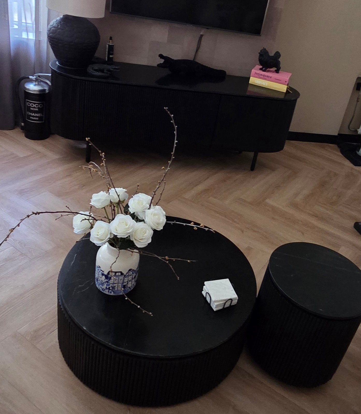Japandi TV-meubel en salontafels set,blad is van Marmer, Ophalen, Zo goed als nieuw, 75 cm of meer, Rechthoekig