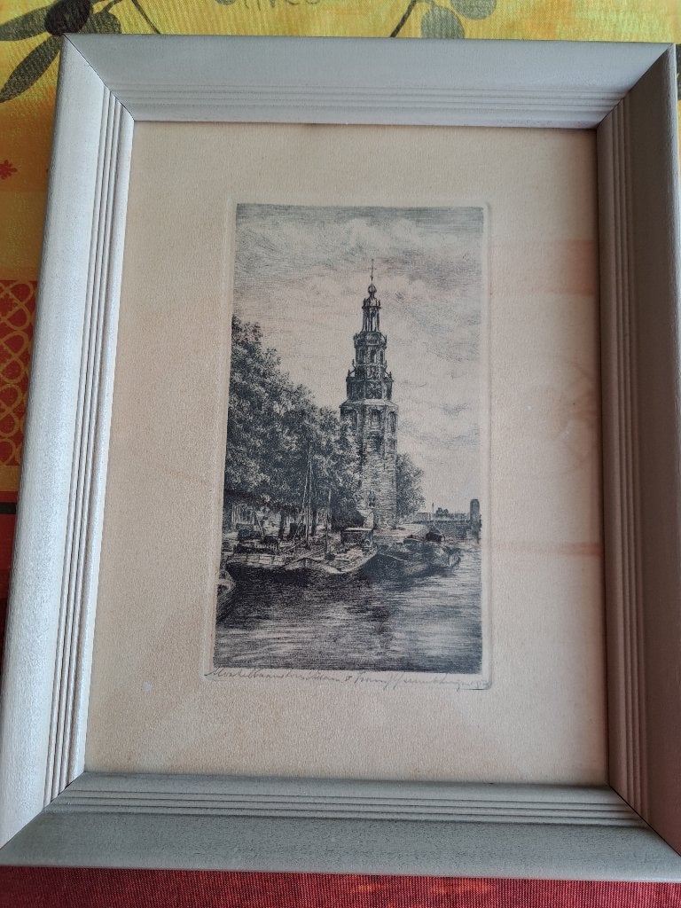 Ets van de Montelbaanstoren in Amsterdam, ingelijst, Antiek en Kunst, Ingelijst, Ets, Stadsgezicht, Ophalen of Verzenden