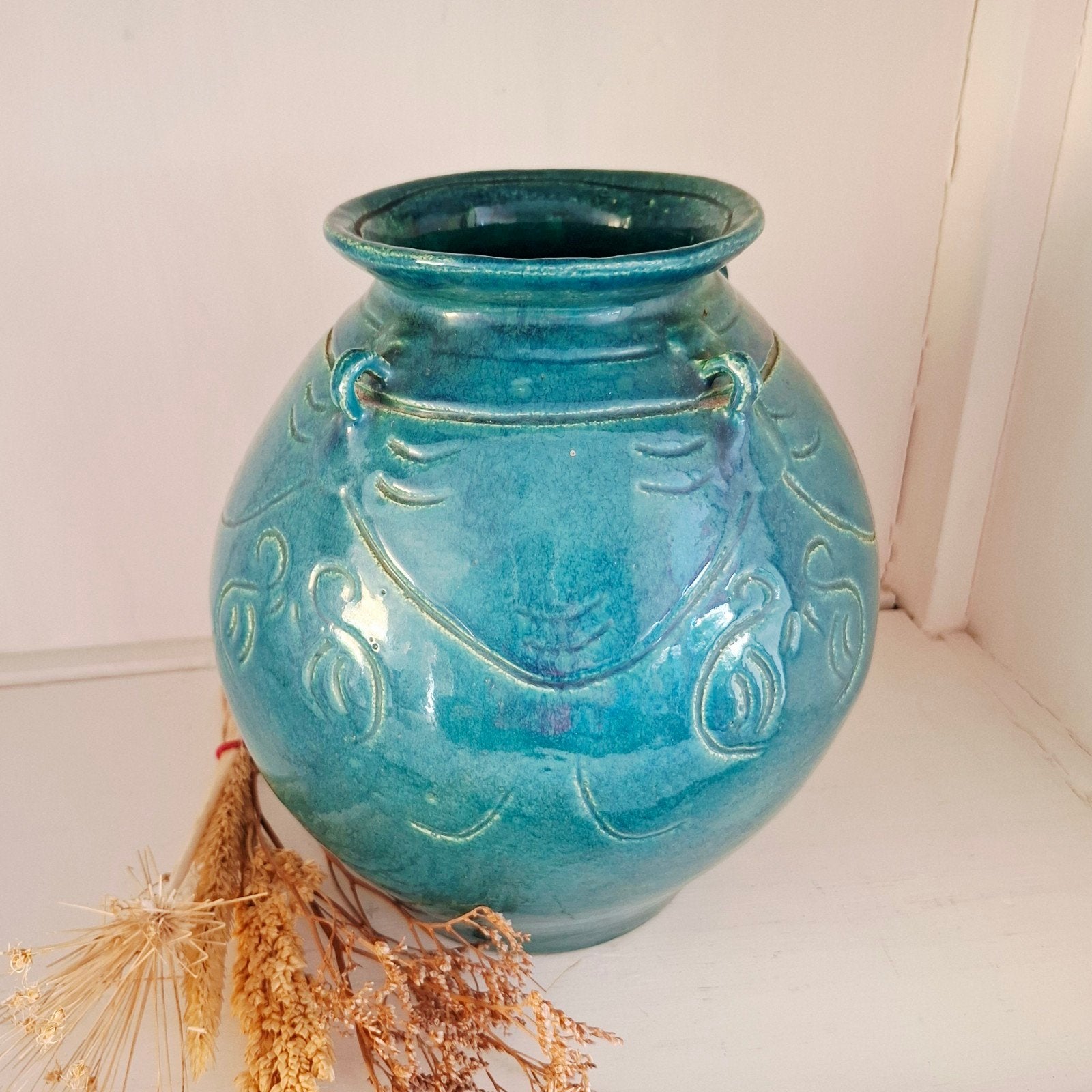 Vintage turquoise keramische vaas - 24 cm, Ophalen of Verzenden