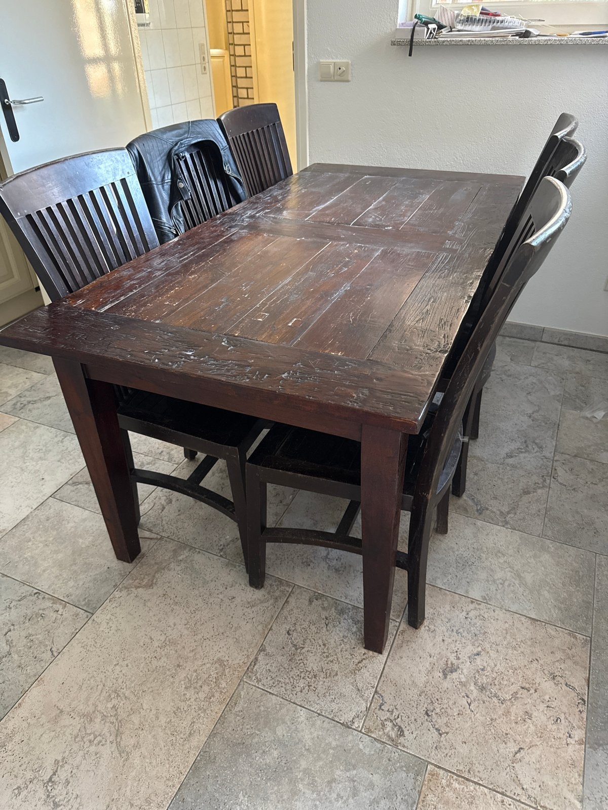 Eettafel met 6 stoelen - 180 x 90 x 78, Ophalen, Gebruikt, Vijf personen of meer, Rechthoekig