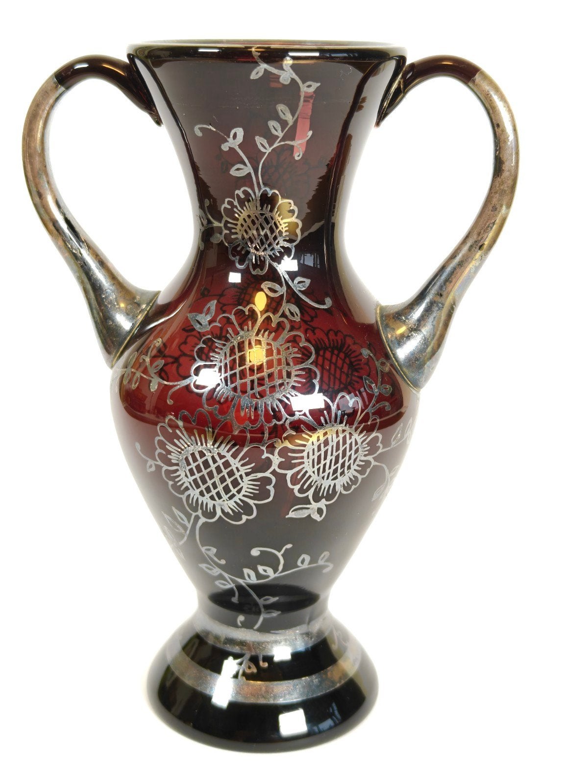 Antiek Boheems vaasje. Aubergine kleurig glas zilver overlay, Ophalen of Verzenden