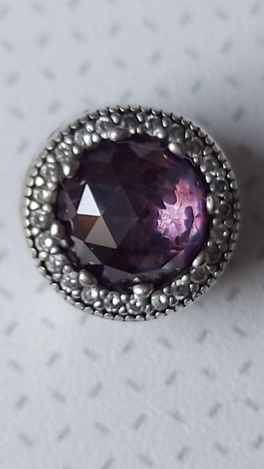 Originele Pandora bedel harten  paars met heldere zirkonia's, Pandora, Ophalen of Verzenden, Zo goed als nieuw, Zilver
