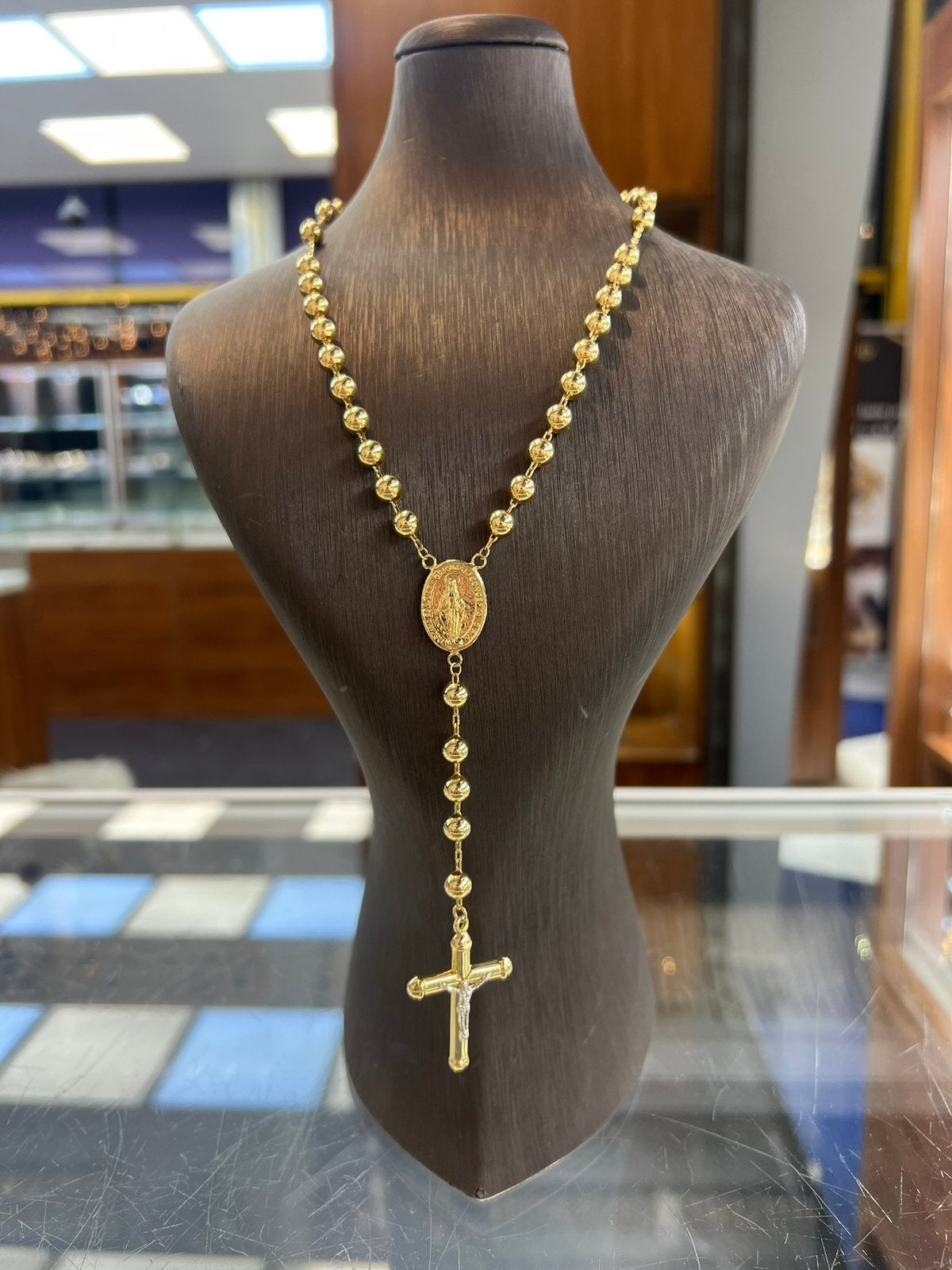 14k gouden ketting rozenkrans schakel kruis, Ophalen of Verzenden