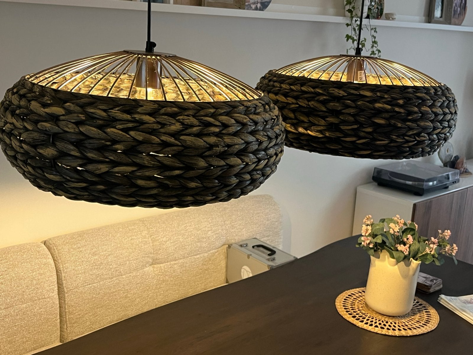 Hanglampen van gevlochten riet/rotan, Ophalen, Zo goed als nieuw, Natuurlijk materiaal, E27 (groot)