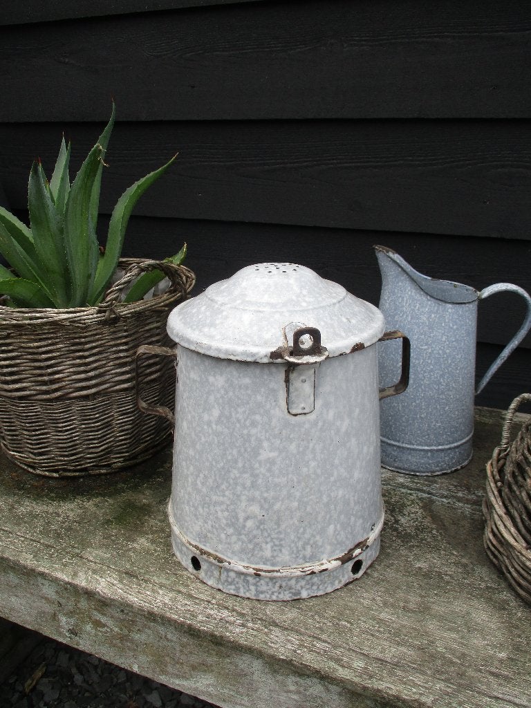 oude brocante emaille grijs gewolkte reuzelpot, Antiek en Kunst, Ophalen of Verzenden