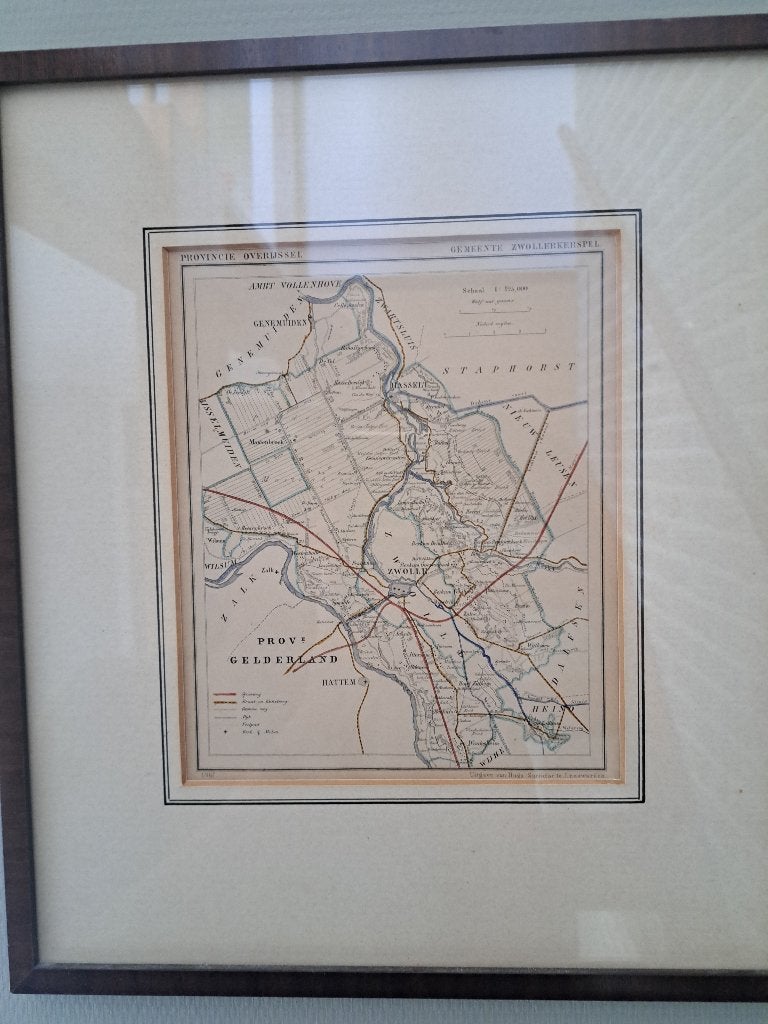 Antieke steendruk Zwollerkerspel (1867), ingelijst, Ophalen of Verzenden, Kaarten en plattegronden, Ingelijst, Overige techniek