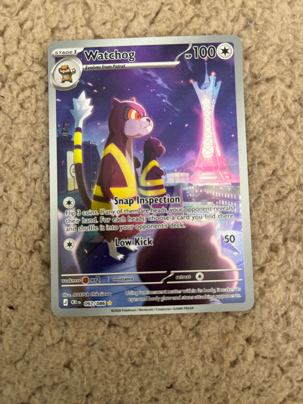 Pokémon Kaart Watchog 097/086 CRIB EN, Ophalen of Verzenden, Zo goed als nieuw, Losse kaart