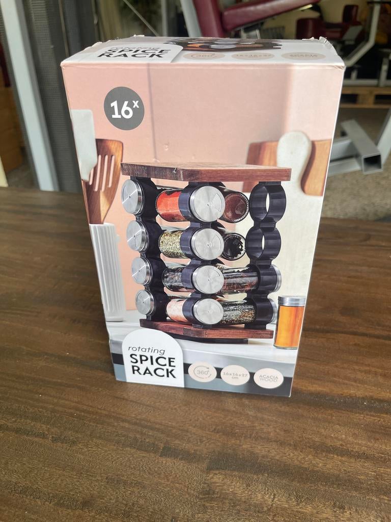 Draaiend kruidenrek met 16 glazen potjes, Overige typen, Hout, Nieuw, Ophalen of Verzenden