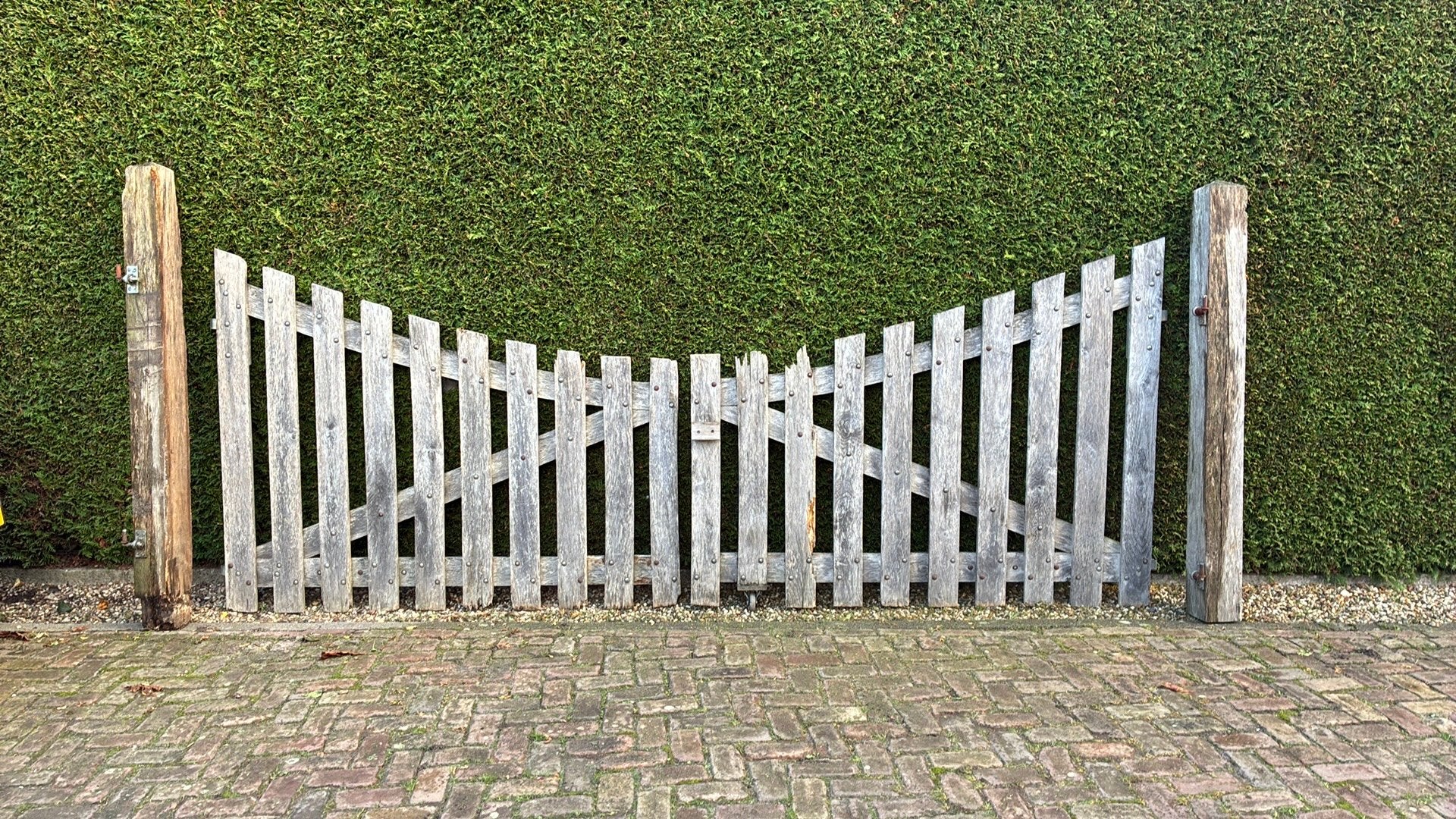 Inrijpoort eiken - compleet met beslag en palen, Ophalen, Met poort, Gebruikt, Tuinhek