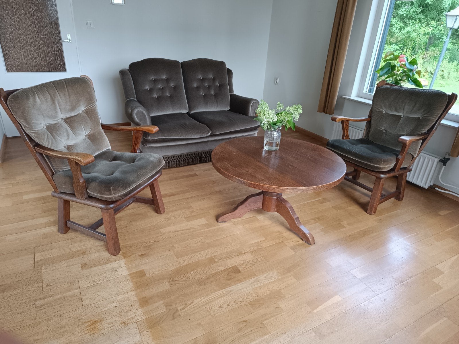 Vintage zitmeubelset: 2 fauteuils en 1 tweezitsbank, Ophalen, Gebruikt, 150 tot 200 cm, Stof