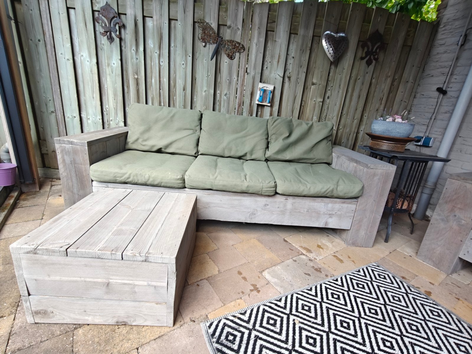 Steigerhouten loungeset met kussens, Ophalen, Gebruikt, Bank, Steigerhout