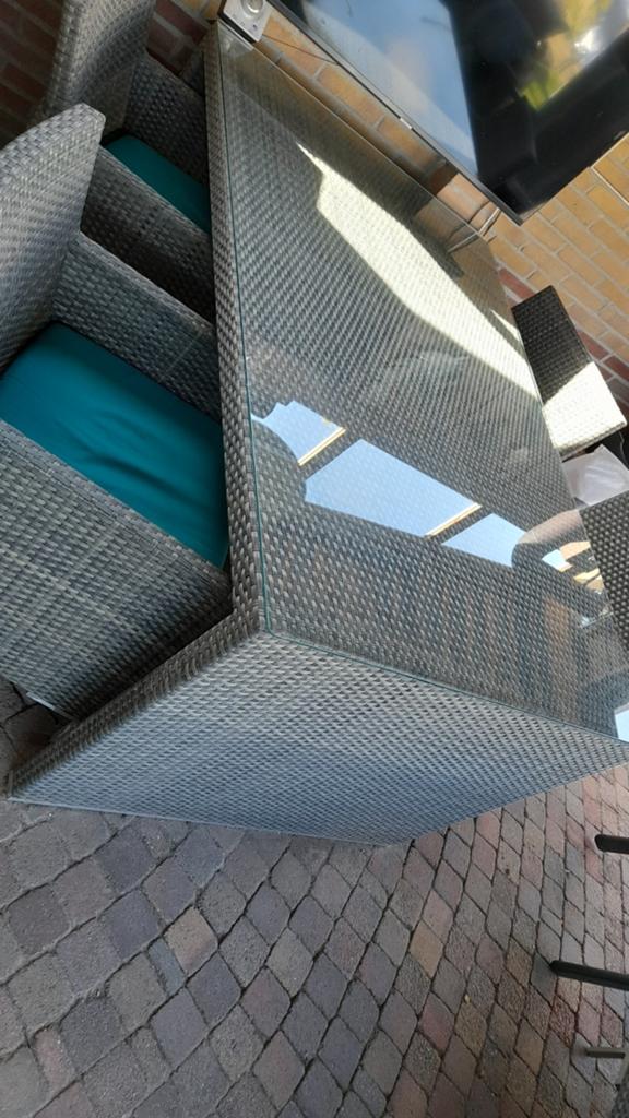 Tuinset: eettafel, 4 stoelen, 2 loungestoelen en salontafel., Tuin en Terras, Tuinsets en Loungesets, Ophalen, Gebruikt