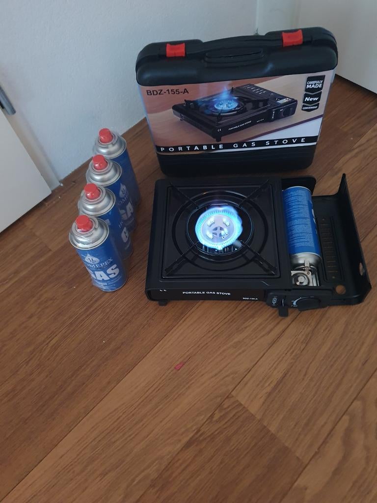 Camper gasstel met 4 volle gasflesjes, Ophalen of Verzenden
