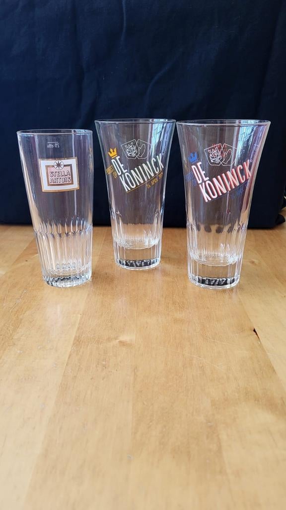 Bierglazen: Stella Artois en De Koninck (3 stuks), Glas of Glazen, Gebruikt, Ophalen of Verzenden, Glas