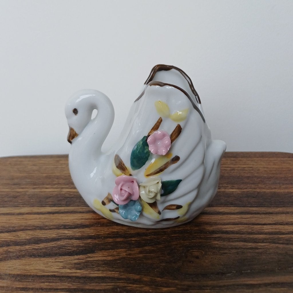 Vintage Zwaan Beeldje met Bloemen - Keramiek, Ophalen of Verzenden, Gebruikt, Dier