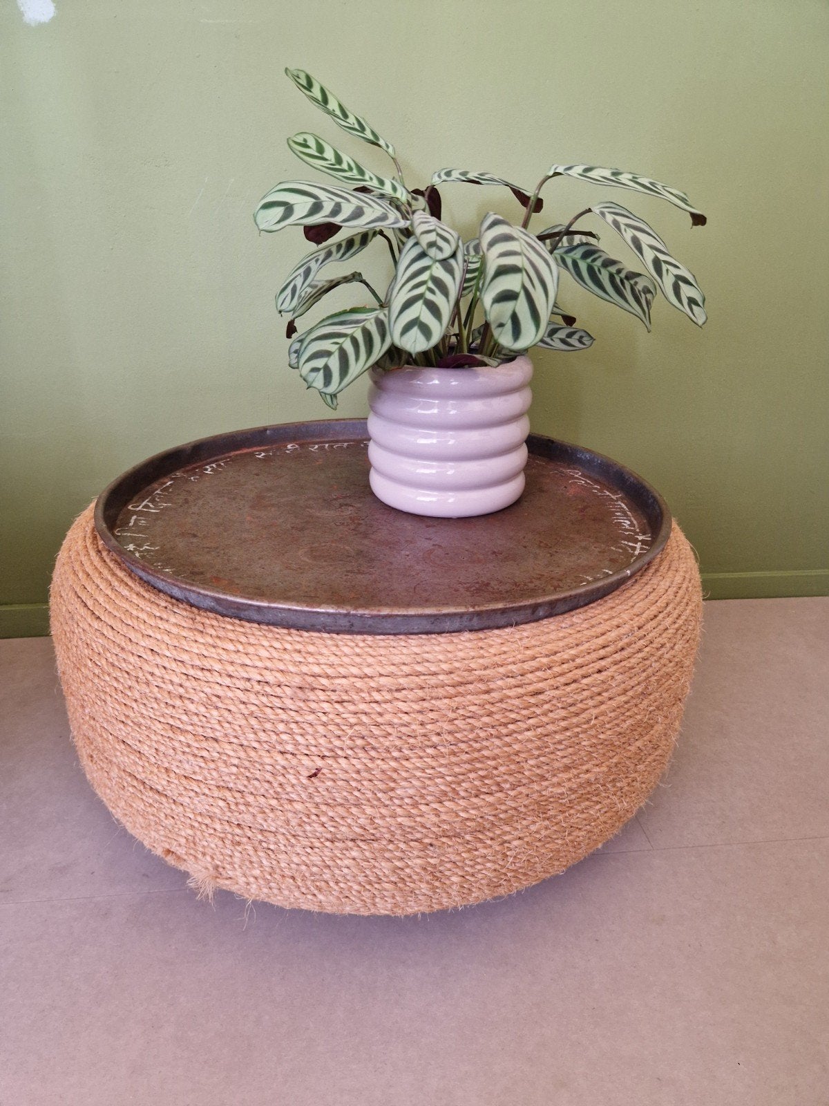 Zelfgemaakte Jute Salontafel met Zwenkwielen, Ophalen, Overige materialen, Gebruikt, 50 tot 100 cm