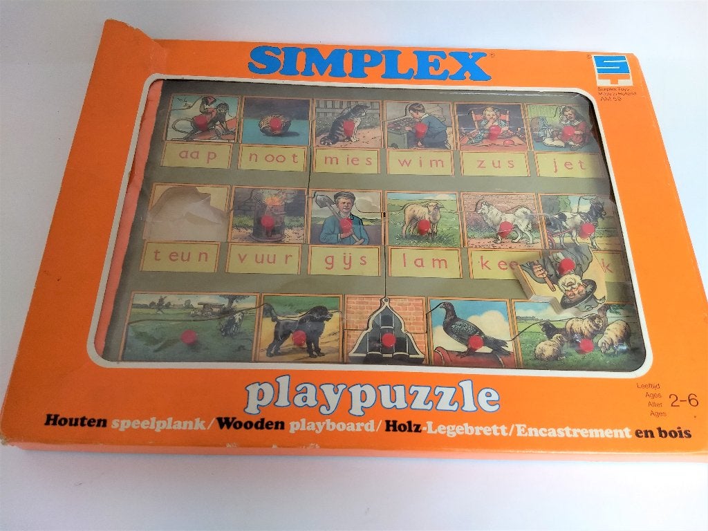 vintage knopjes puzzel aap, noot, mies  Simplex Playpuzzle, Ophalen, 10 tot 50 stukjes, Zo goed als nieuw, Van hout