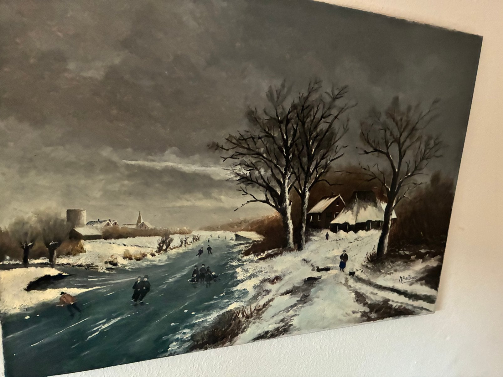 Schilderij winter landschap pellikaan, Antiek en Kunst, Ophalen of Verzenden