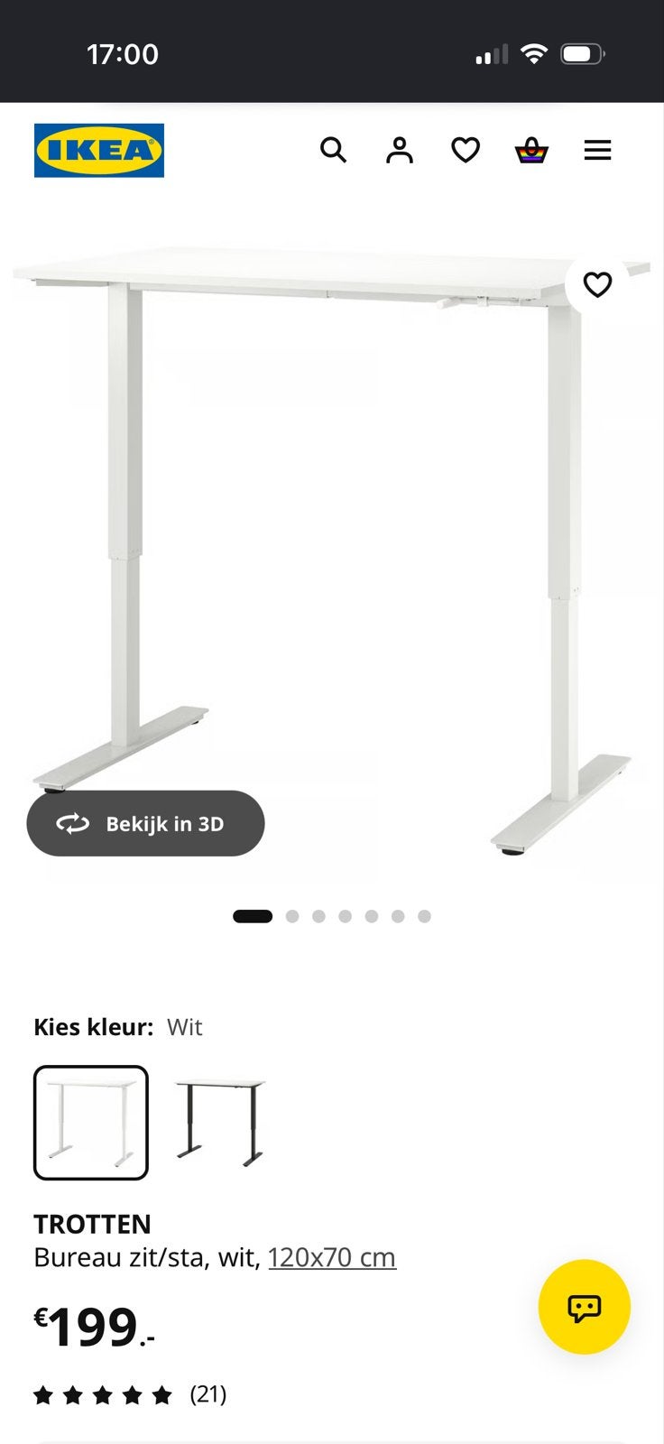 IKEA TROTEN Zit-sta bureau wit 120x70 cm, Zit-sta bureau, Elektrisch, Spaanplaat of MDF, Ophalen of Verzenden