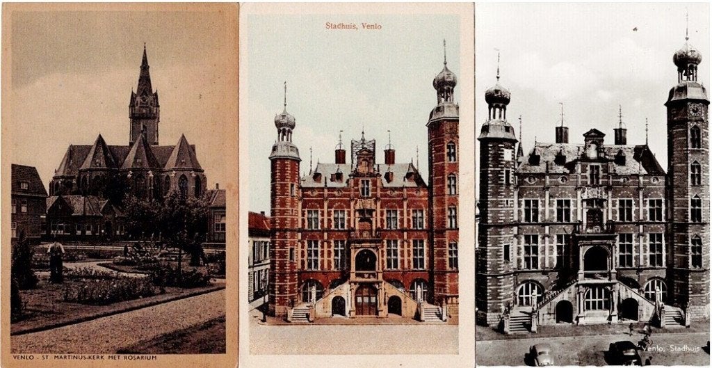 3 Oude Ansichtkaarten Venlo: Stadhuis, St. Martinuskerk, Ophalen of Verzenden, 1940 tot 1960, Ongelopen, Limburg