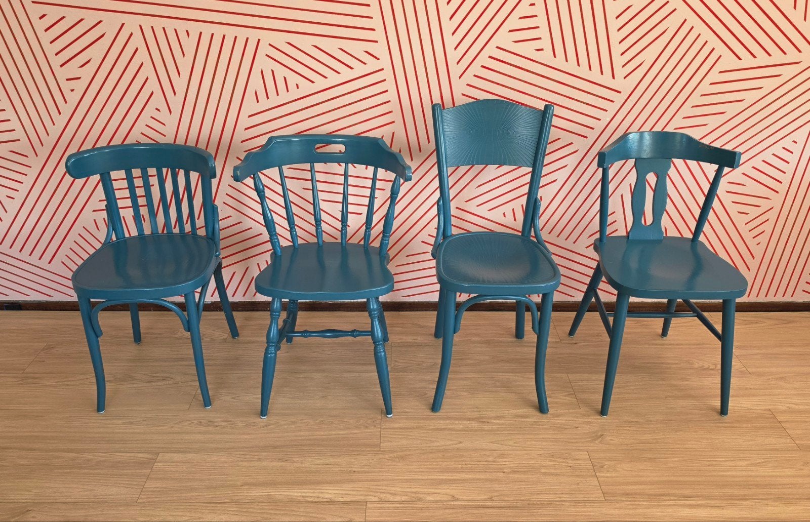 set van 4 vintage houten cafestoelen blauw, Ophalen, Gebruikt, Blauw, Vintage, Klassiek