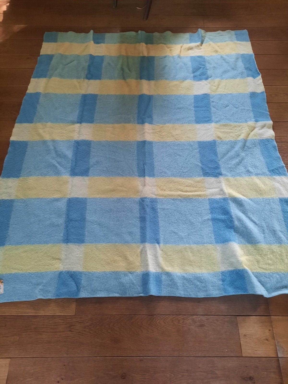 vintage wollen deken/plaid in blauw, geel en wit, Overige merken, Gebruikt, Meerkleurig, Ophalen of Verzenden
