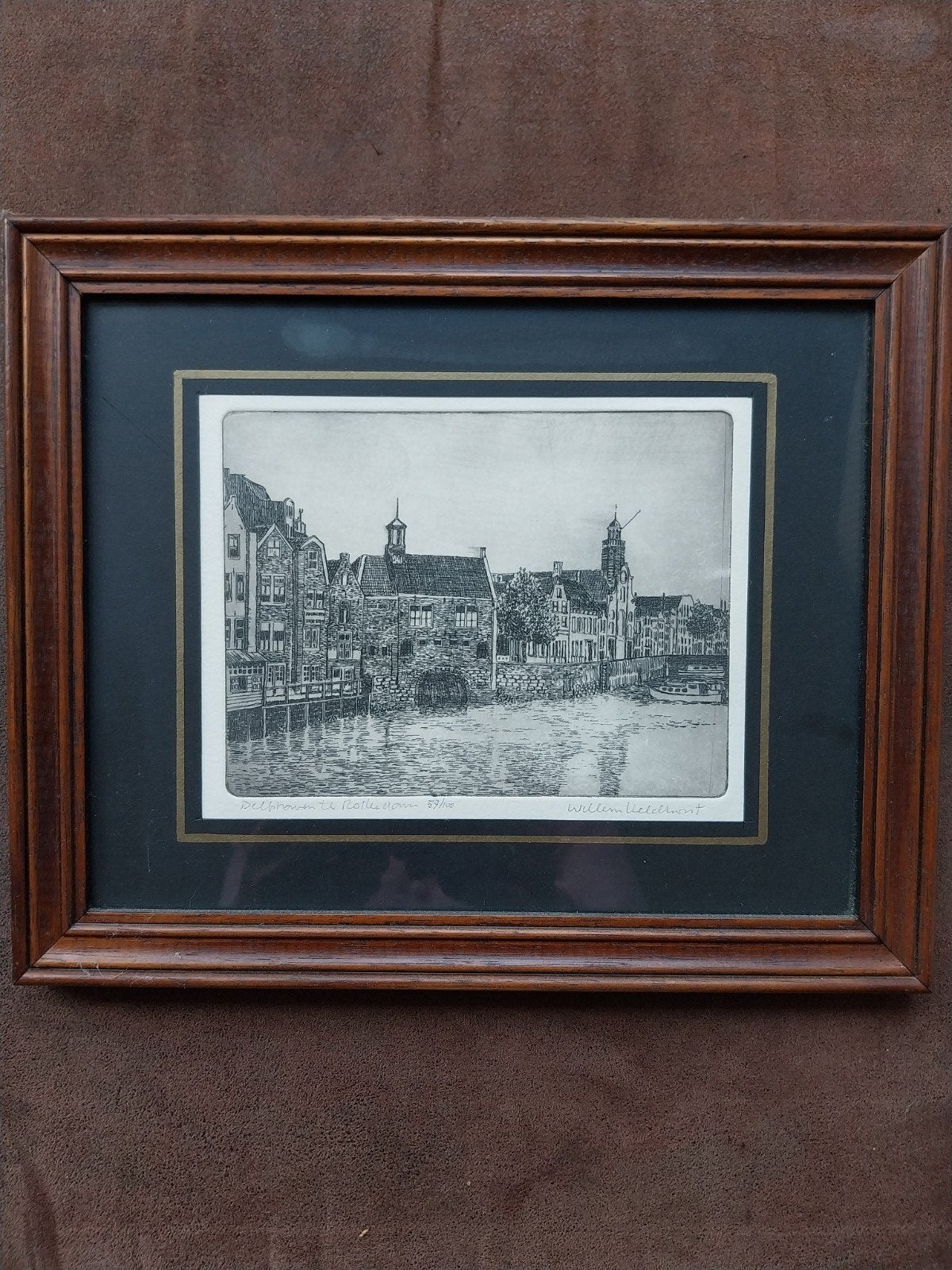 Ets Delfshaven Rotterdam - Willem Veldhorst, Ophalen, Stadsgezicht, Ingelijst, 1950 - 1999