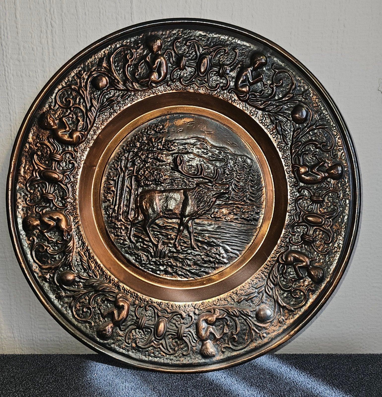 Vintage Koperen Wandplaat met Hert - Decoratief, Antiek en Kunst, Antiek | Koper en Brons, Ophalen of Verzenden