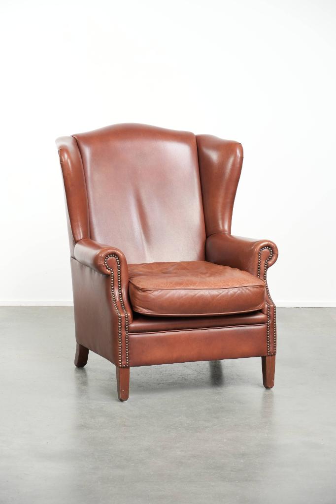 Rundleren cognac kleurige oorfauteuil in Engelse stijl, Ophalen, Gebruikt, ., Engels, Klassiek