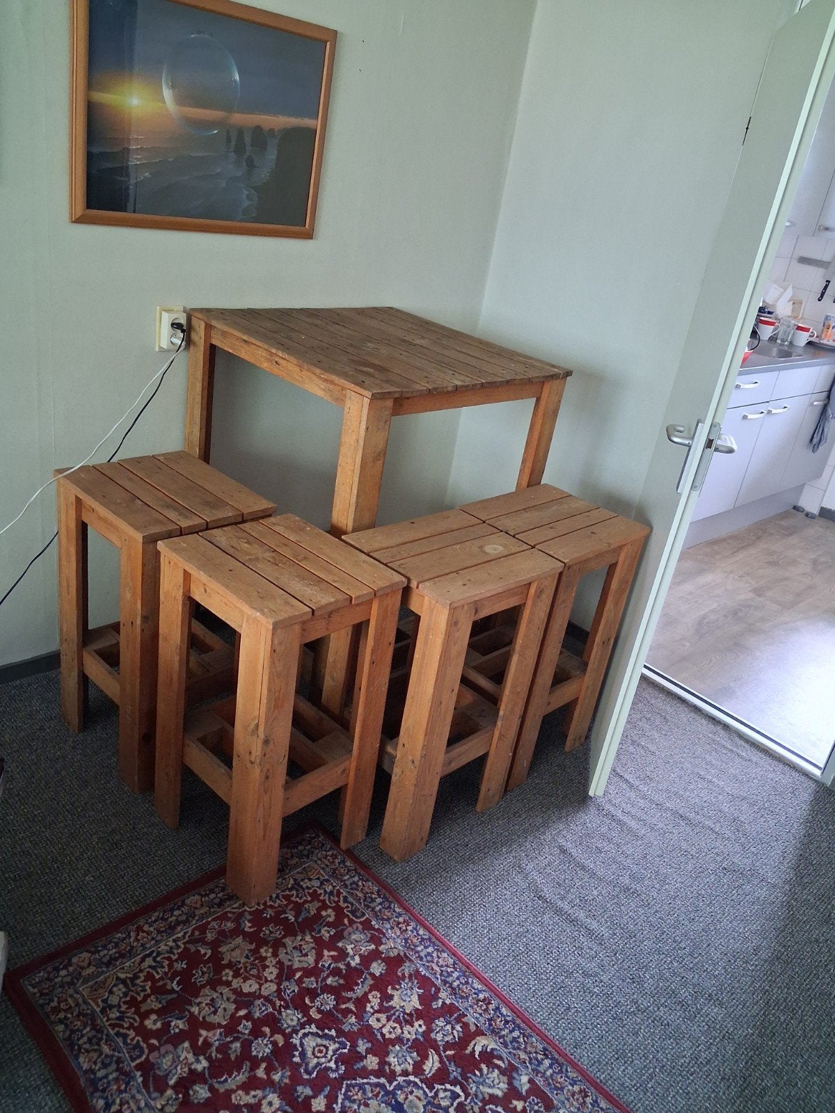 Houten bartafel met 4 krukken, Huis en Inrichting, Tafels | Eettafels, Ophalen, Gebruikt, 50 tot 100 cm, Rustiek