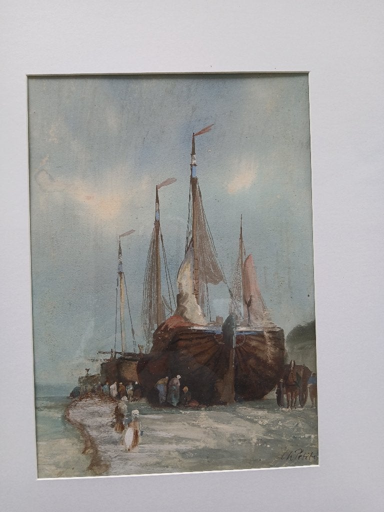 Bomschuit op het strand, Antiek en Kunst, Kunst | Schilderijen | Klassiek, Ophalen, Maritiem / water, Papier, Origineel werk