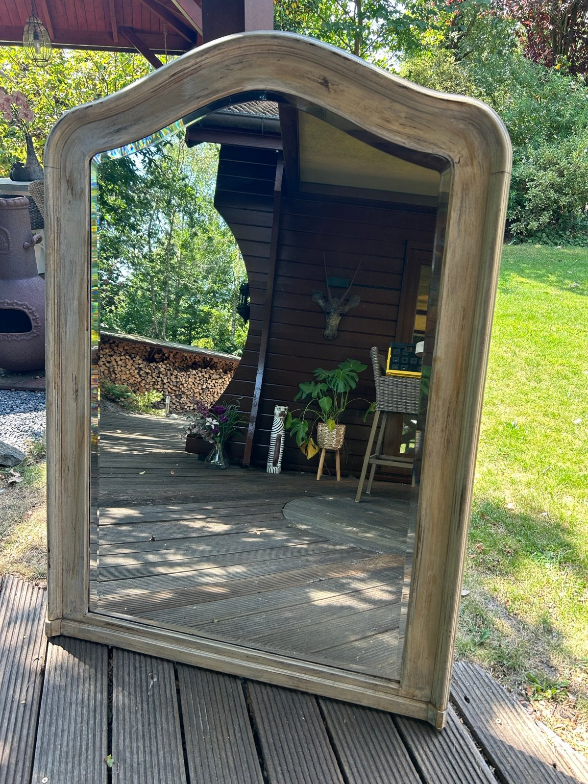 Grote spiegel met houten lijst - Vintage look, Antiek en Kunst, Ophalen, Rechthoekig, 50 tot 100 cm, 150 tot 200 cm