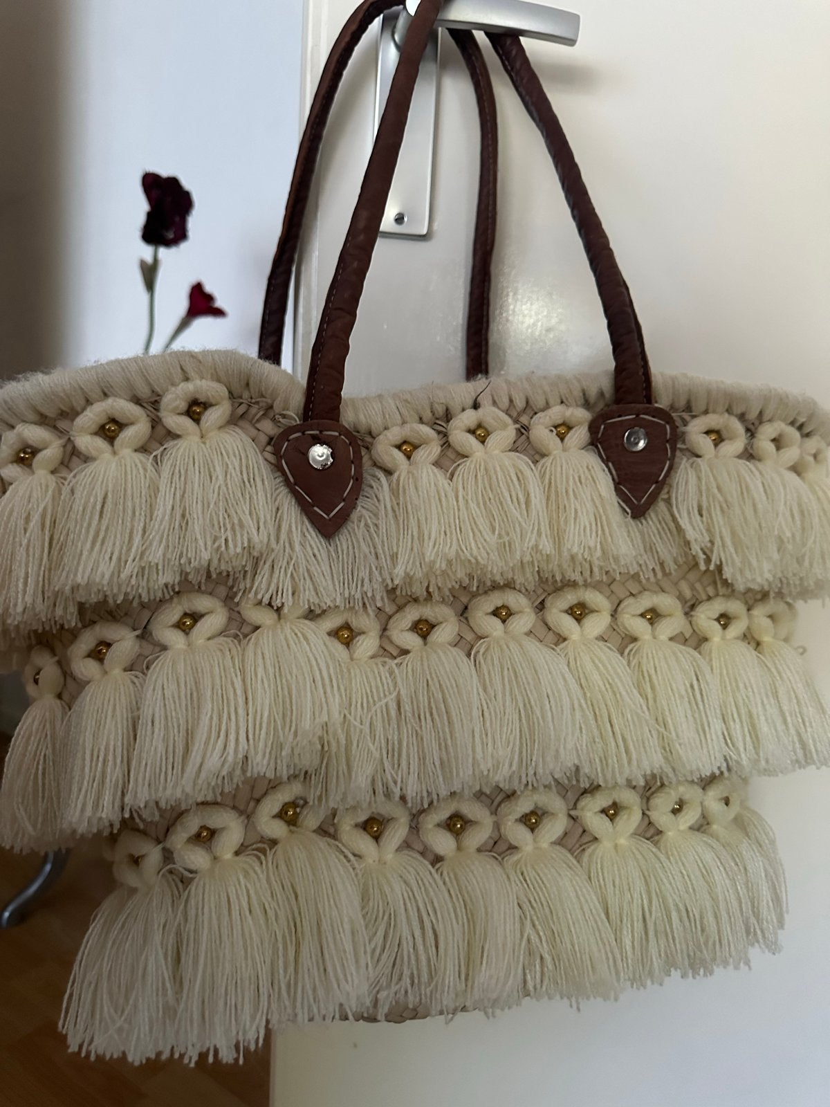Stijlvolle rieten tas met franjes en leren hengsels, Ophalen of Verzenden, Zo goed als nieuw, Beige, Shopper
