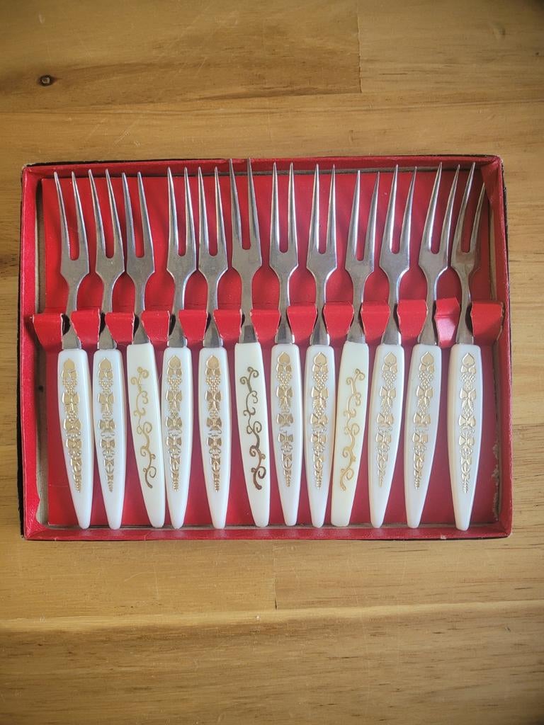 Antieke gebaksvorkjes, 12 stuks in originele doos, RVS, Ophalen of Verzenden