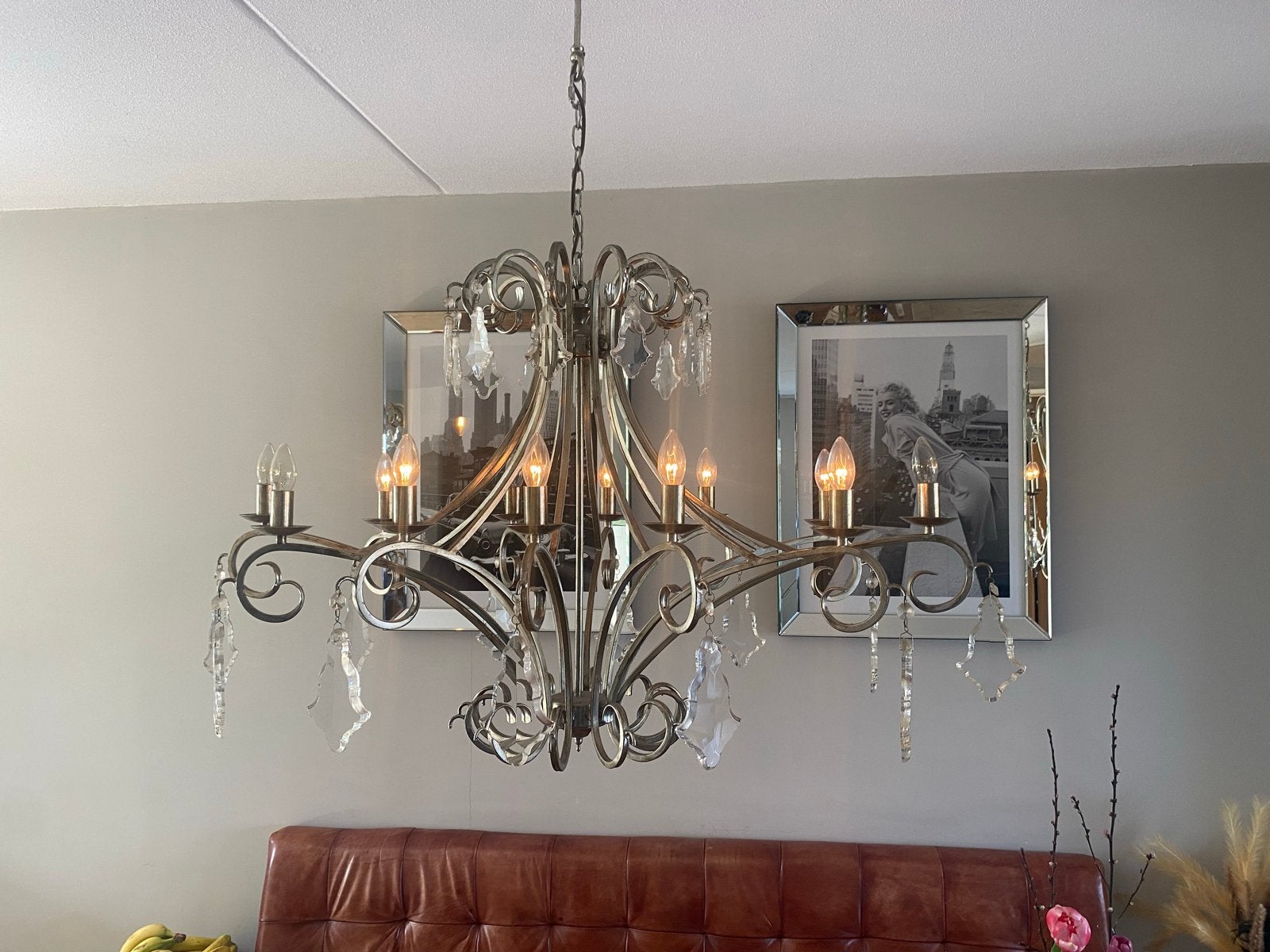 Elegante Stalen Kroonluchter met Glaskristallen 110x75x66 cm, Ophalen of Verzenden, Zo goed als nieuw, Metaal, E14 (klein)