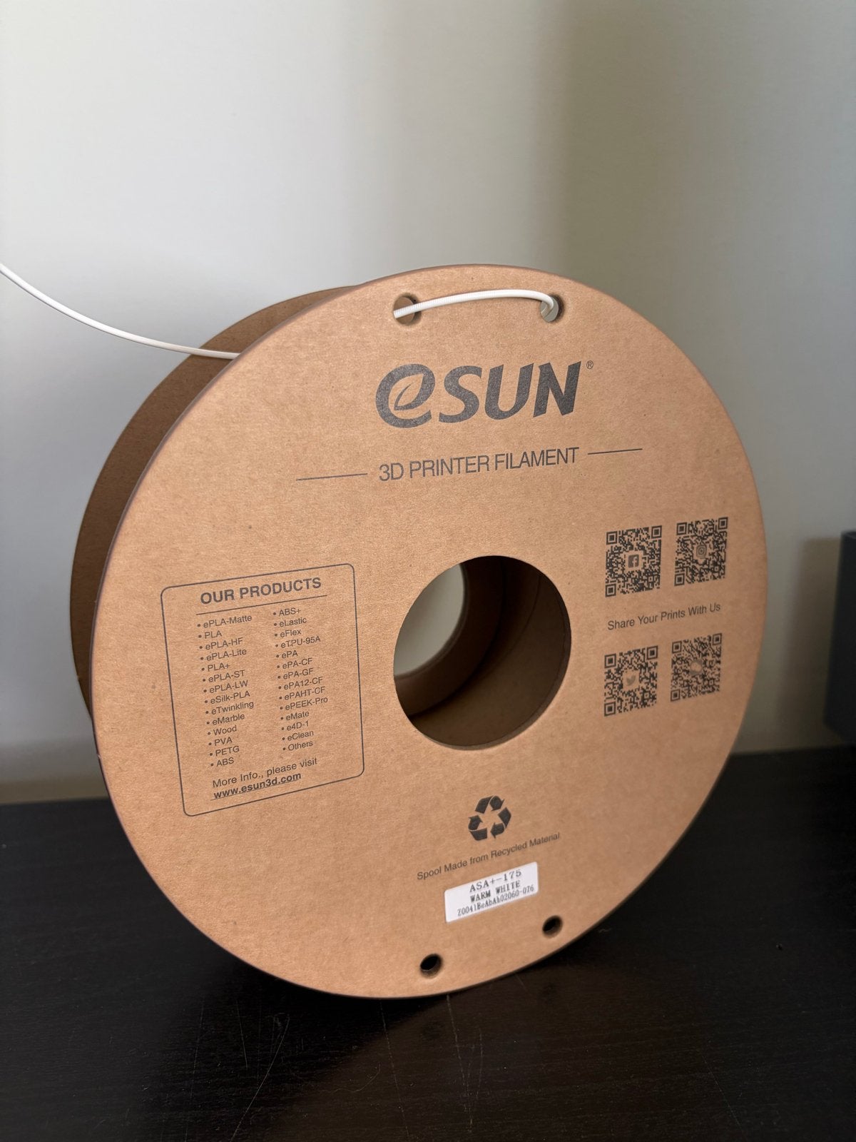 eSUN ASA+ Filament 1.75mm Warm Wit (1kg), Computers en Software, 3D-printerbenodigheden, Ophalen of Verzenden, Filamentrollen